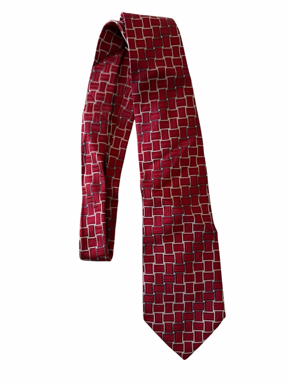Burma Bibas Men’s Silk Tie Red Geometric Basketweave Pattern Made in Italy